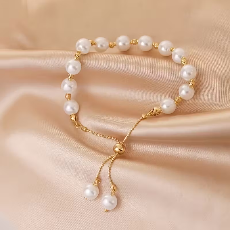 Pulseira Dourada Ajustável com Pérola Branca