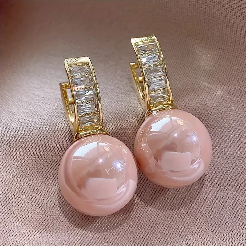 Brincos Dourados com Pérola Rosa e Zircónias