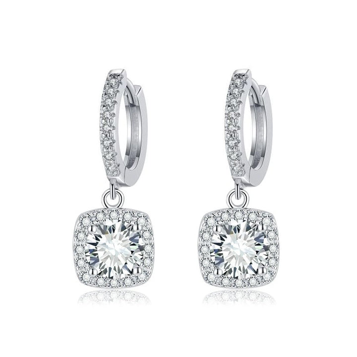 Brincos Pendentes com Auréola Quadrada de Moissanite | Ouro Branco