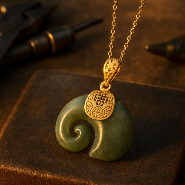 Colar com Pendente de Elefante em Jade Hetian – Corrente de Senhora Banhada a Ouro 18K