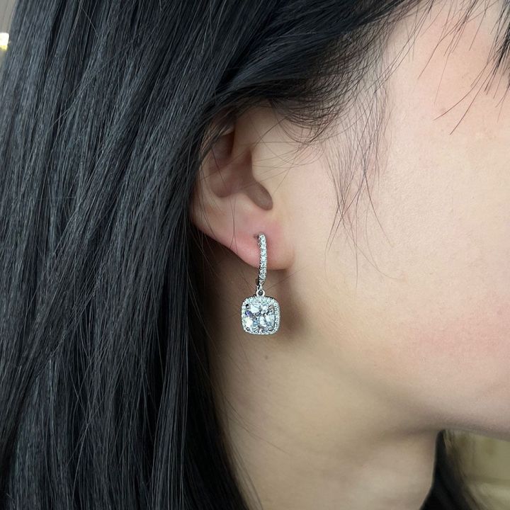 Brincos Pendentes com Auréola Quadrada de Moissanite | Ouro Branco