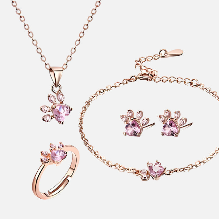 Conjunto de Joias com Pata em Ouro Rosa – 4 Peças com Coração de Zircónia (Anel, Colar, Brincos, Pulseira)