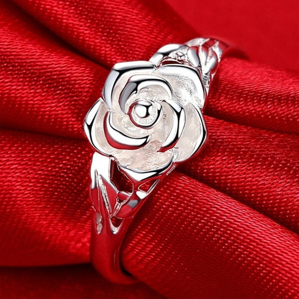 Anel com Rosa, Prata 925