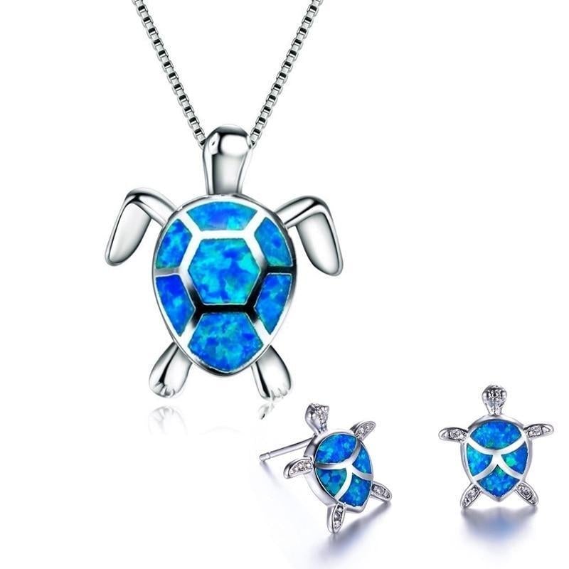 Conjunto de Colar e Brincos com Tartaruga Marinha em Opala e Prata