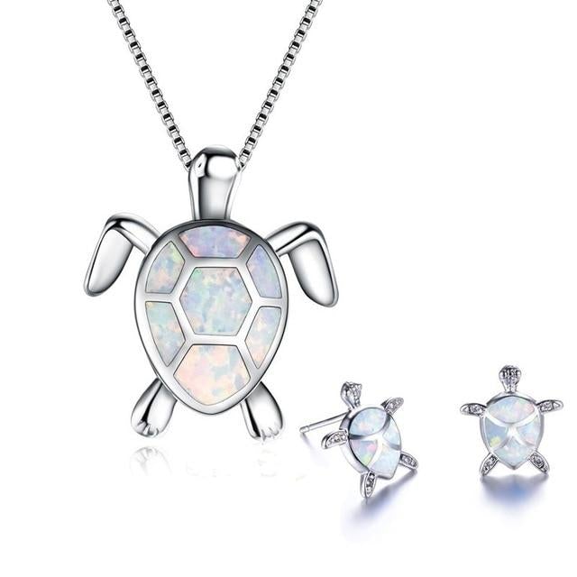 Conjunto de Colar e Brincos com Tartaruga Marinha em Opala e Prata