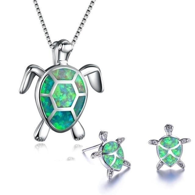 Conjunto de Colar e Brincos com Tartaruga Marinha em Opala e Prata