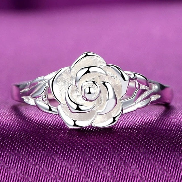 Anel com Rosa, Prata 925