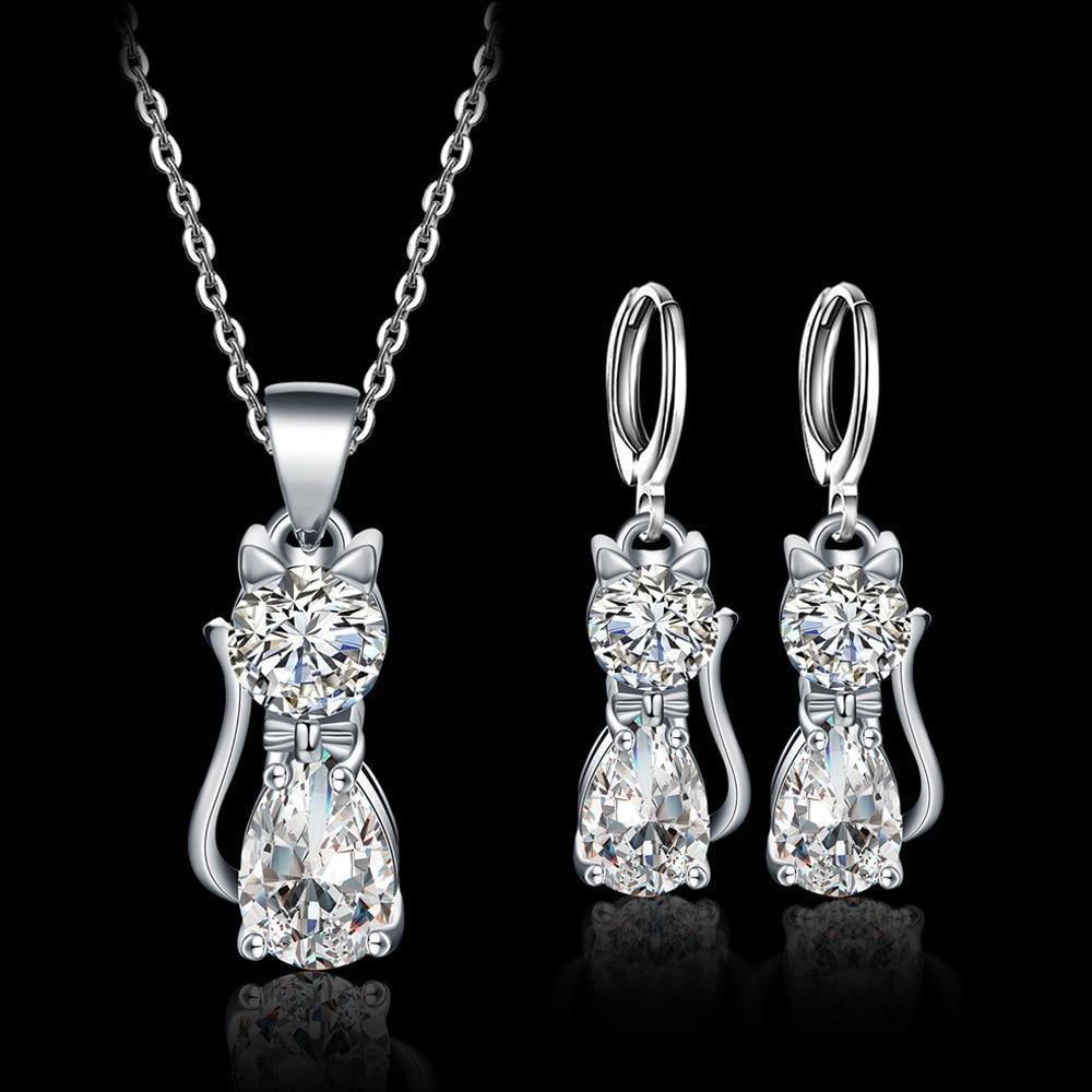 Conjunto de Colar e Brincos Gatos Felizes em Prata 925 com Zircónias Brancas Polidas