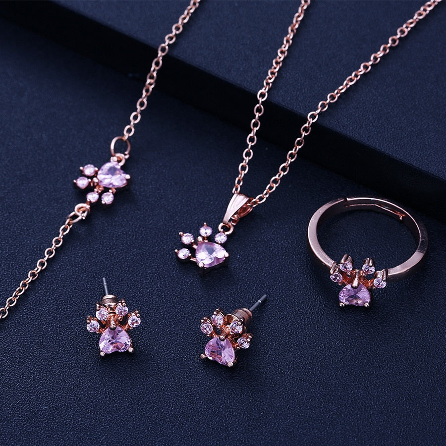 Conjunto de Joias com Pata em Ouro Rosa – 4 Peças com Coração de Zircónia (Anel, Colar, Brincos, Pulseira)