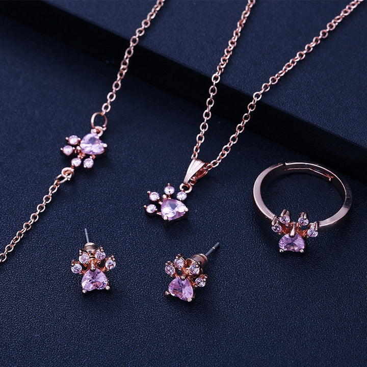 Conjunto de Joias com Pata em Ouro Rosa – 4 Peças com Coração de Zircónia (Anel, Colar, Brincos, Pulseira)