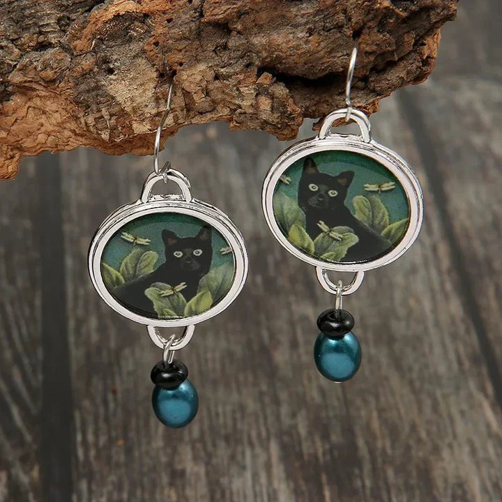 Brincos Pendentes Tropicais Vintage com Gato Preto