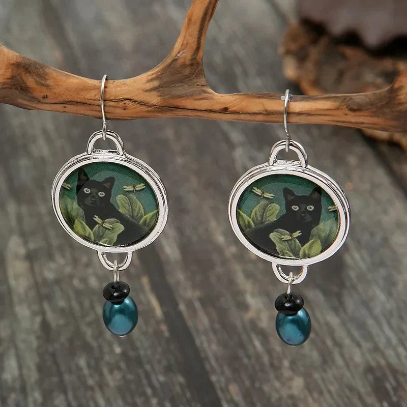 Brincos Pendentes Tropicais Vintage com Gato Preto
