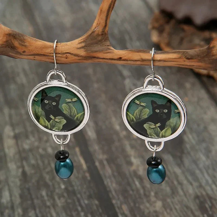 Brincos Pendentes Tropicais Vintage com Gato Preto