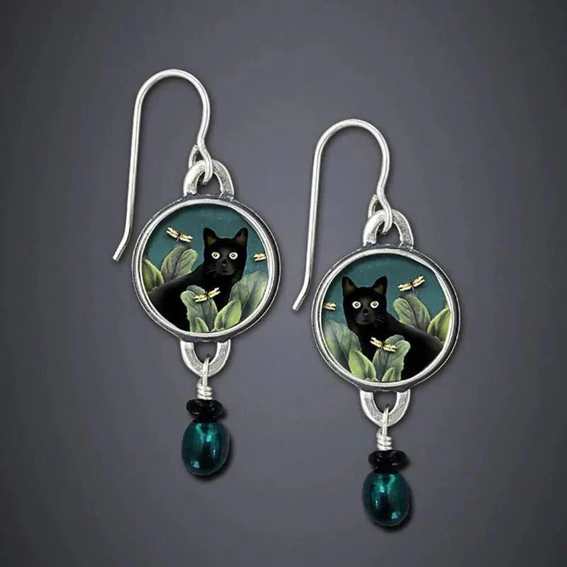 Brincos Pendentes Tropicais Vintage com Gato Preto
