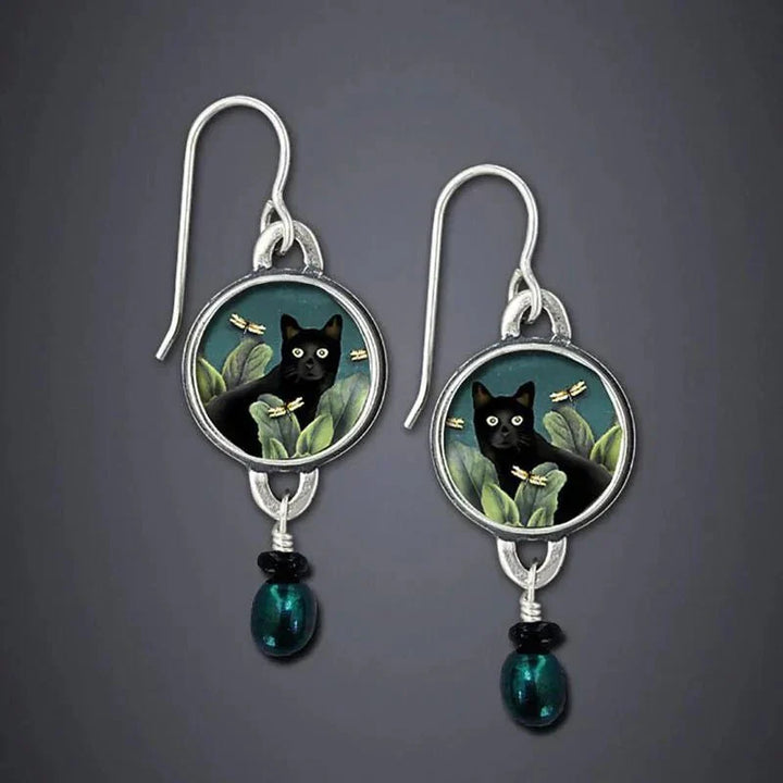 Brincos Pendentes Tropicais Vintage com Gato Preto