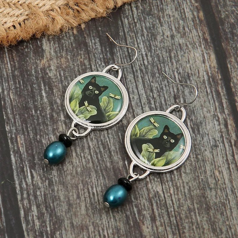 Brincos Pendentes Tropicais Vintage com Gato Preto